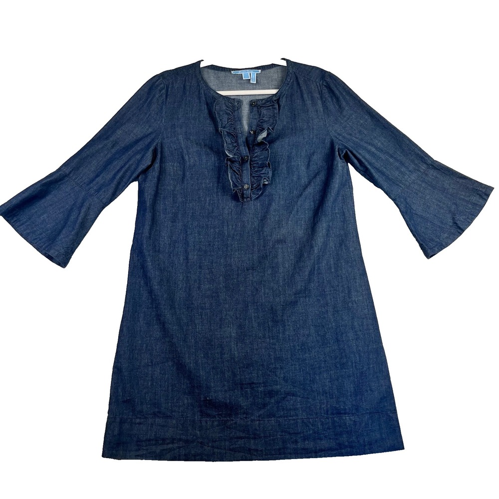 Draper James Womens Chambray Denim Shift‎ Dress Ruffle 3/4 Bell Sleeves Size 10